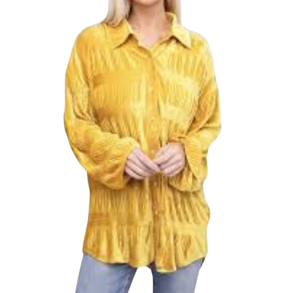 Bibi Womens‎ Velvet Button Down Mustard Gold Top SZ S Boho Indie Y2K Castle